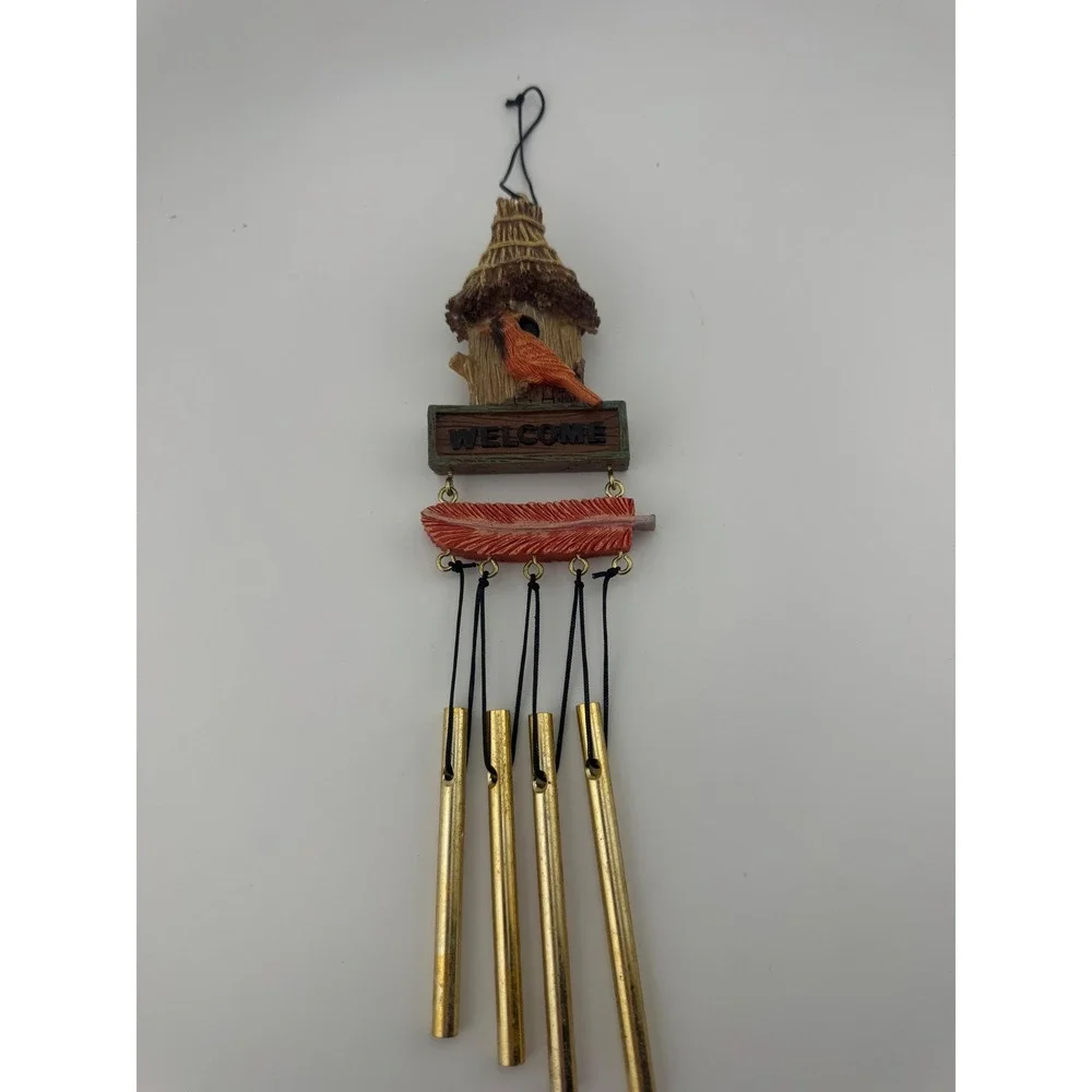 Cardinal Birdhouse‎ Welcome Wind Chime Rustic Nature Garden Decor Red Feather
